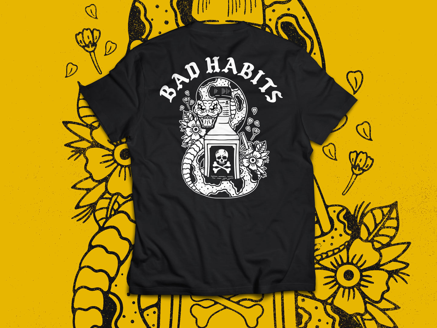 "Snake" B&W Design - Black T-Shirt