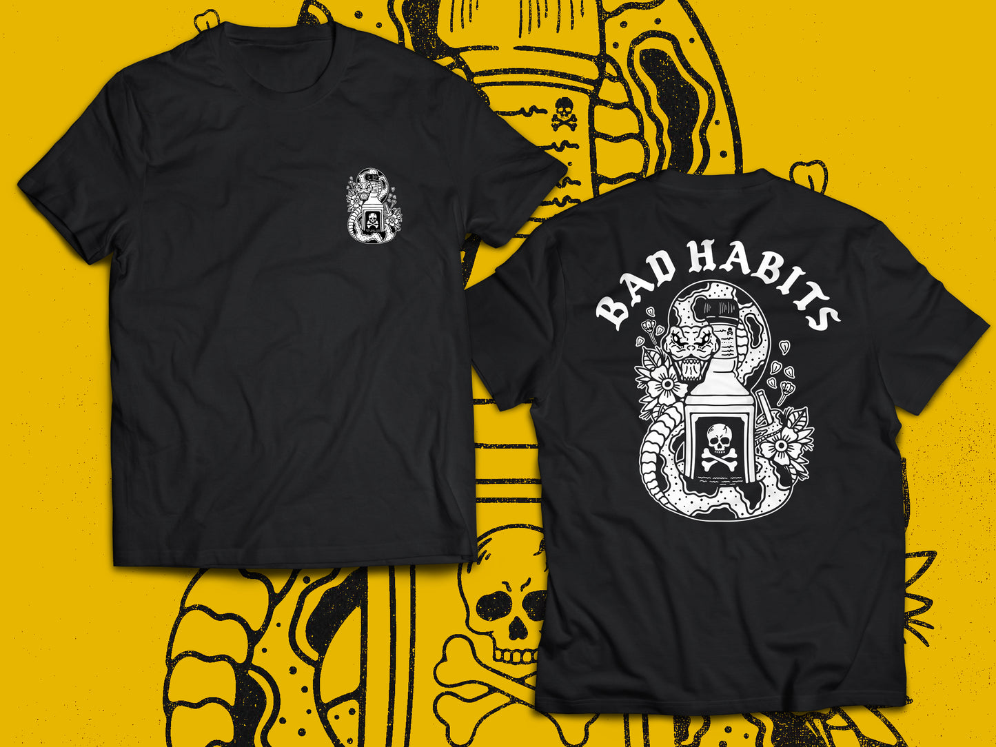 "Snake" B&W Design - Black T-Shirt